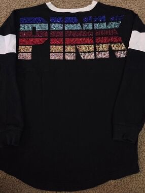 PINK Victoria's Secret Bling Rainbow Sequin Spellout Crewneck Sweatshirt